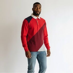 Club Room Men’s Rugby Shirt‎ Long Sleeve Colorblock Red Navy Gray Size Medium
